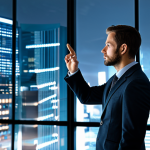 A thoughtful business professional, dressed in a fully clothed, modest business suit, stands in a sleek, modern office. One hand gestures towards a complex holographic data visualization showing charts and graphs, while the other hand rests thoughtfully on their chin, emphasizing human intuition. The background features blurred city lights through a large window, creating a dynamic yet focused atmosphere. professional dress, perfect anatomy, correct proportions, natural pose, well-formed hands, proper finger count, high-resolution digital art, cinematic lighting, corporate photography style, safe for work, appropriate content, fully clothed, professional.