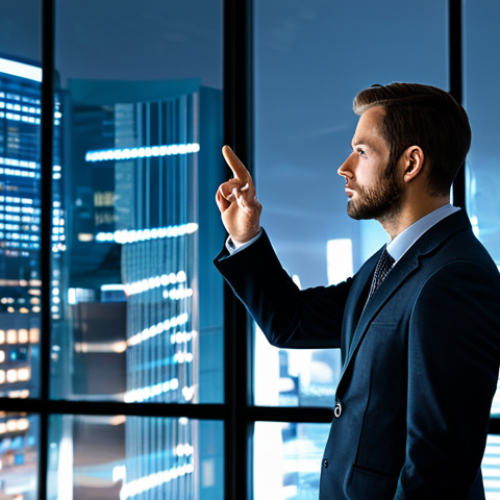A thoughtful business professional, dressed in a fully clothed, modest business suit, stands in a sleek, modern office. One hand gestures towards a complex holographic data visualization showing charts and graphs, while the other hand rests thoughtfully on their chin, emphasizing human intuition. The background features blurred city lights through a large window, creating a dynamic yet focused atmosphere. professional dress, perfect anatomy, correct proportions, natural pose, well-formed hands, proper finger count, high-resolution digital art, cinematic lighting, corporate photography style, safe for work, appropriate content, fully clothed, professional.