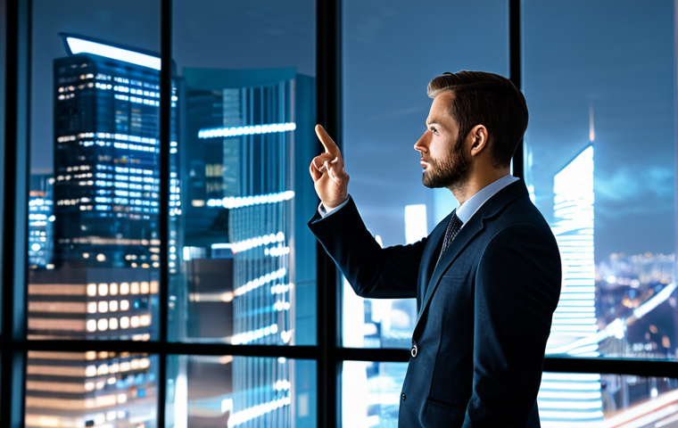 A thoughtful business professional, dressed in a fully clothed, modest business suit, stands in a sleek, modern office. One hand gestures towards a complex holographic data visualization showing charts and graphs, while the other hand rests thoughtfully on their chin, emphasizing human intuition. The background features blurred city lights through a large window, creating a dynamic yet focused atmosphere. professional dress, perfect anatomy, correct proportions, natural pose, well-formed hands, proper finger count, high-resolution digital art, cinematic lighting, corporate photography style, safe for work, appropriate content, fully clothed, professional.